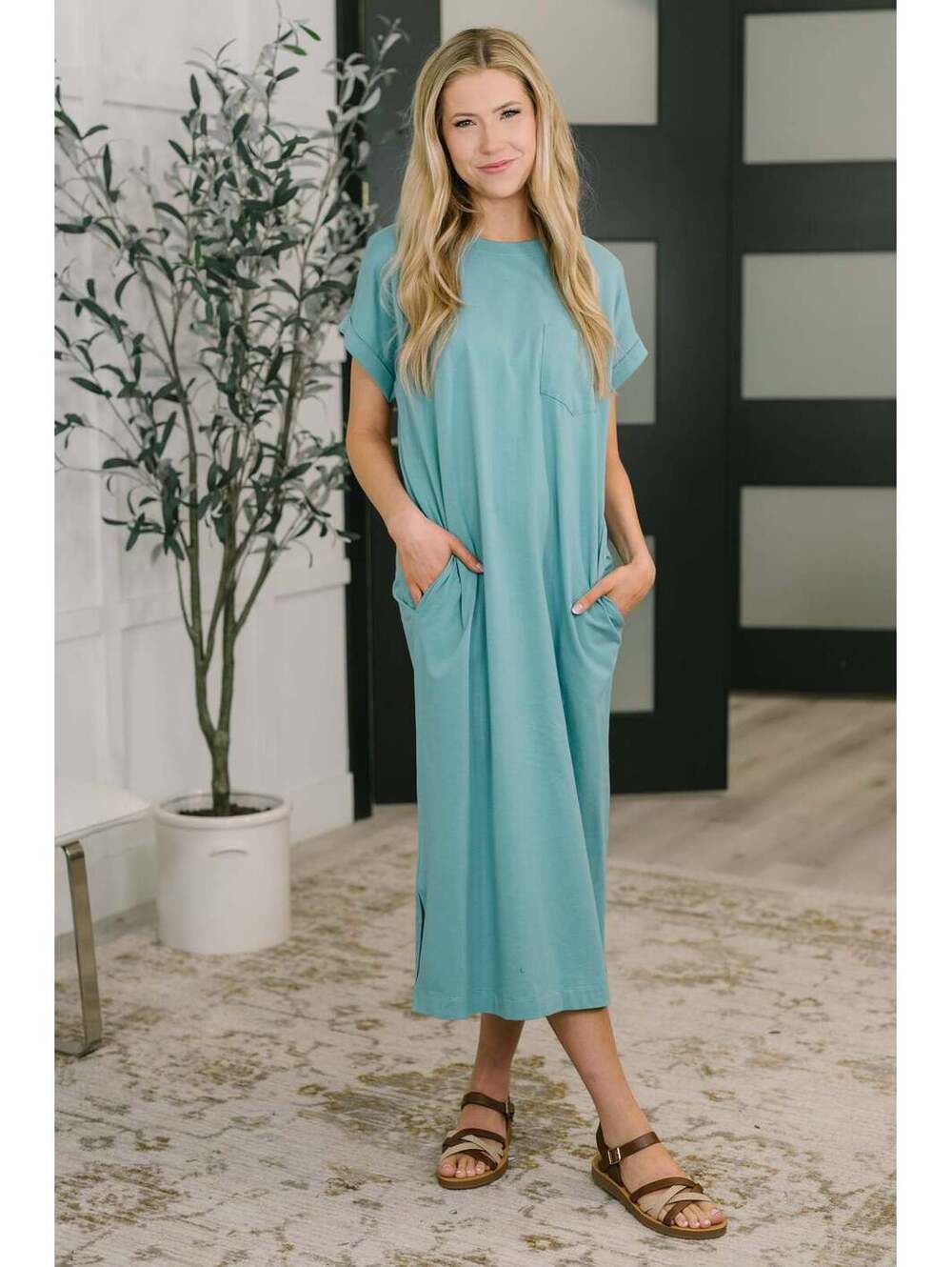 Fix You Right Up Short Sleeve Midi Dress in Dusty Teal